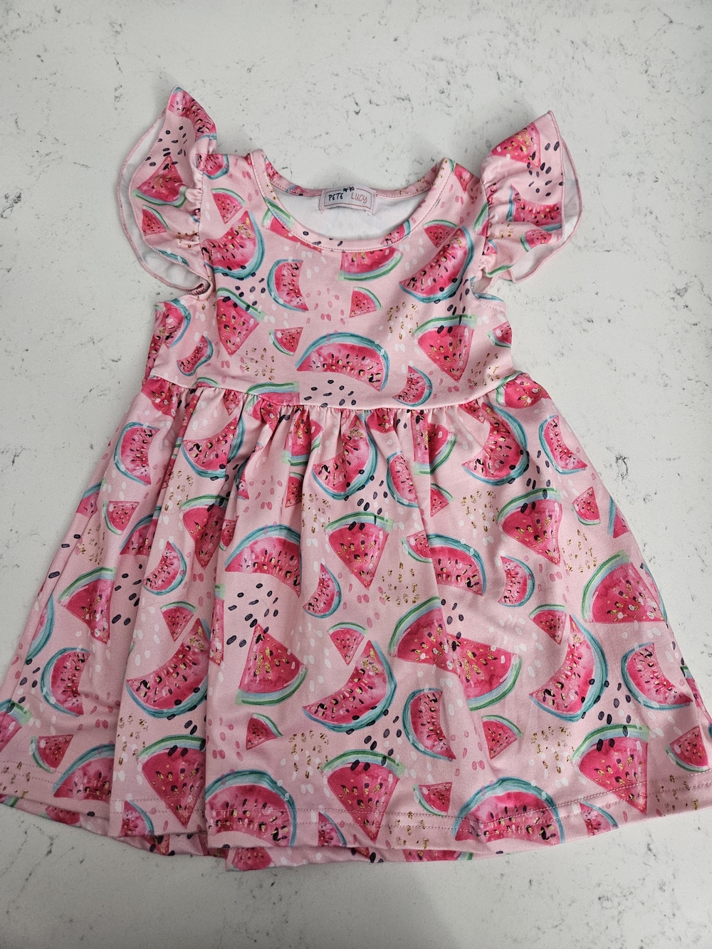 Girls Pink Watermelon Print Flutter-Sleeve Dress